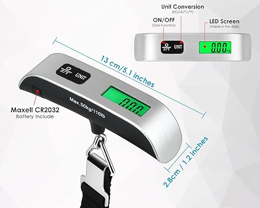 Luggage Weight Scale Portable Digital Suitcase Scale for Travel Handheld Scale with Temperature Sensor, 110 lb/50 kg, Battery Included