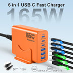 Charging Station for iPhone 17, 165W GaN 6-Port USB C Fast Charger Block, 3 Type-C Each 40W Desktop Charging Hub for Multiple Devices, 5ft Cord - Ideal for Home Office Travel Orange
