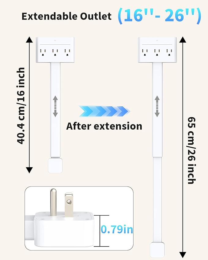 Outlet Extender Stick with 360° Swivel, Wall Plug Power Socket with 3 Outlets & 4 USB Ports(2 USB C), Extends 16"-26", Access Hard-to-Reach Outlets, Use Behind Couches, Nightstands, Desks, and More