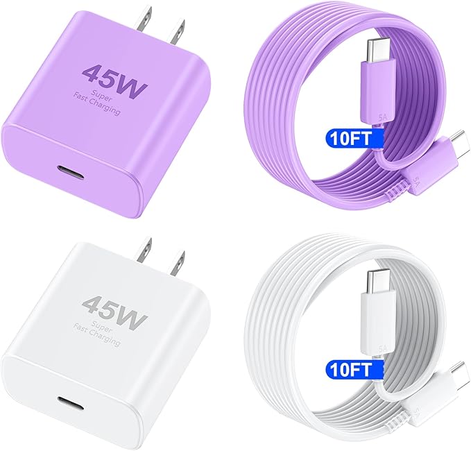 Phone 17 16 Pro Max Charger Fast Charging, 45W USB C Phone 17 16 Super Fast Charger Block with 10ft Long Type C Charging Cable Cord for i.Phone 17 Pro Max/17 Pro/17 Air/17/16/16Pro-White+Purple