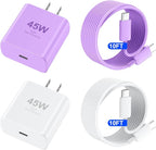 Phone 17 16 Pro Max Charger Fast Charging, 45W USB C Phone 17 16 Super Fast Charger Block with 10ft Long Type C Charging Cable Cord for i.Phone 17 Pro Max/17 Pro/17 Air/17/16/16Pro-White+Purple