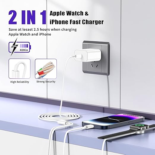 Upgraded Apple Watch Charger, Magnetic 2 in 1 Charger, USB C Charger Block Plug Adapter with 3.3FT iWatch Portable Wireless Fast Charging Cable Cord for iWatch Series Ultra/9/8/7/6/SE/SE2/5/4/3
