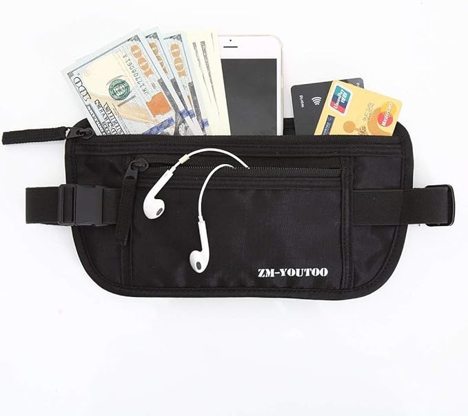 ZM-YOUTOO Money Belt for Travel - Hidden Travel Pouch Protect Your Credit and Money With RFID Blocking Passport Holder Waist Wallet (Black)