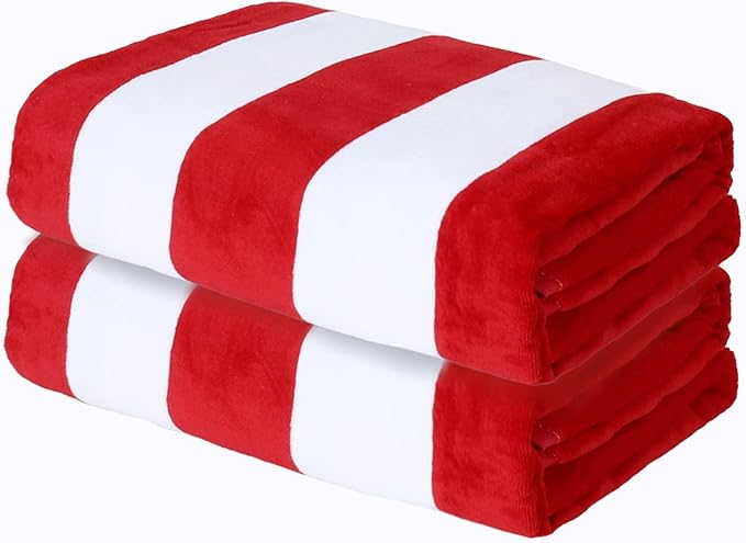 Exclusivo Mezcla 2 Pack Cotton Oversized 35x70 Inches Cabana Stripe Beach Towels, Super Absorbent Soft Plush Pool Bath Towel (Red)