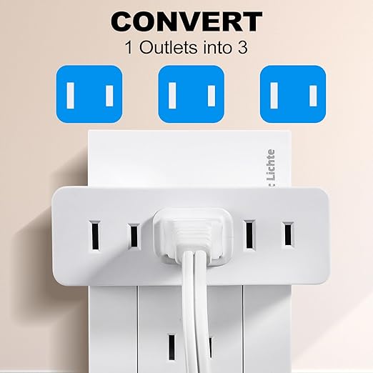 UL Listed 2 Prong 3-Outlet Wall Tap, 2 Prong Triple Outlet Converter Plug Extender, Multi-Plug Outlet Adapter, Polarized White, for Living Rooms, Kitchens, Offices and More. (2 Pack)
