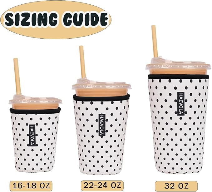 Reusable Insulated Neoprene Iced Coffee Cup Sleeve, Durable Drink Sleeve for Cold Beverages, Beverage Holder for Iced Coffee, Black Polka Dots