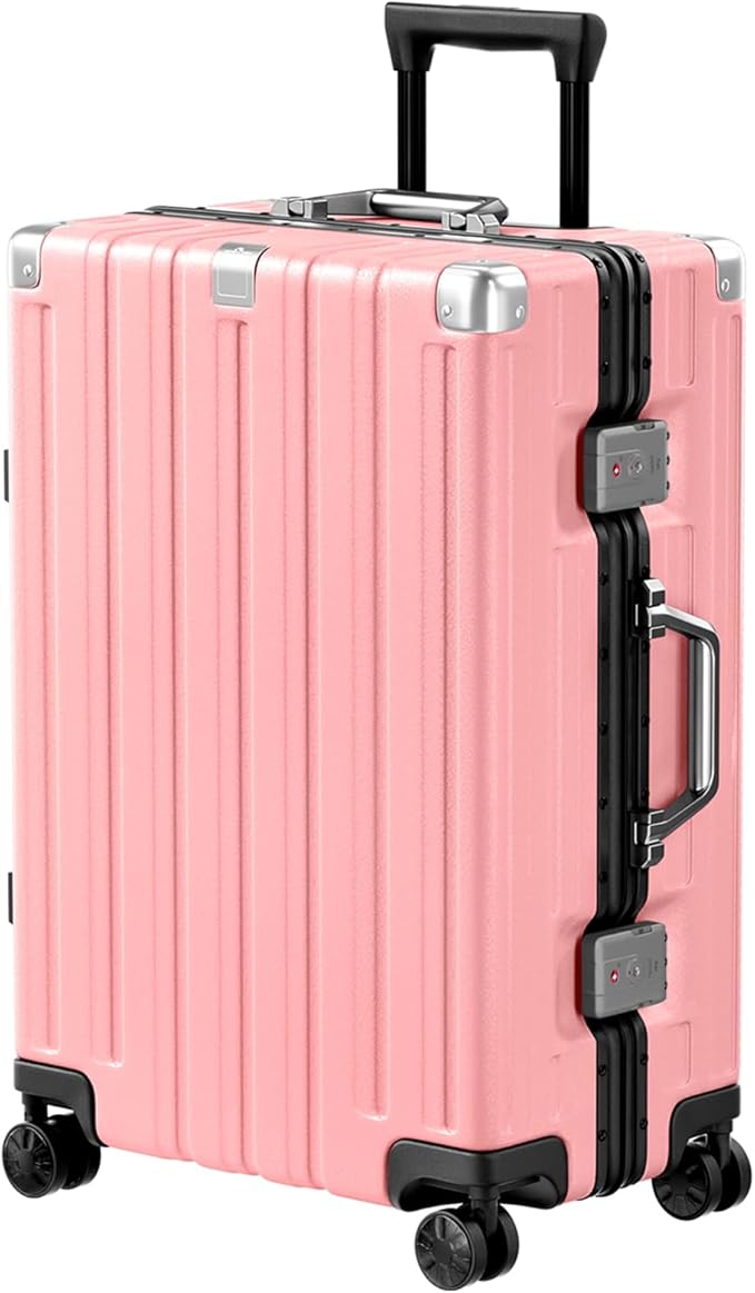 Krute Zipperless Luggage 24 Inch Aluminum Frame Suitcase with Spinner Wheels PC+ABS Hardide Checked Luggage TSA Approved No Zipper Travel Suitcase Pink