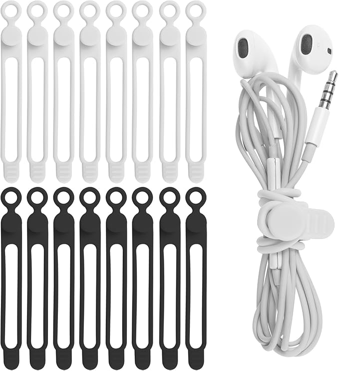 16Pcs 4.2" Silicone Cable Ties Cord Organizer for Cable Management, Reusable Cable Organizer Electronic Accessories in Home,Office,Kitchen,School,Travel(Black*8 & White*8)