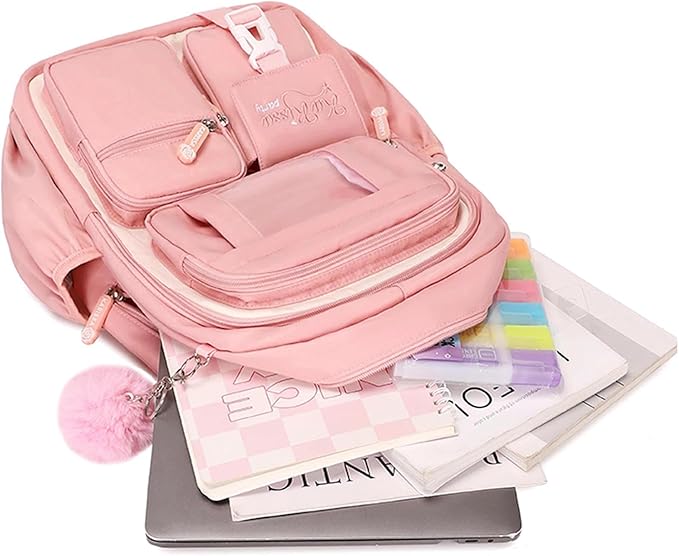 PIG PIG GIRL Kids Backpack for Girls School Bags for Middle School Students Book Bag for Elementary Primary Kawaii Ita Backpack, Pink and Beige