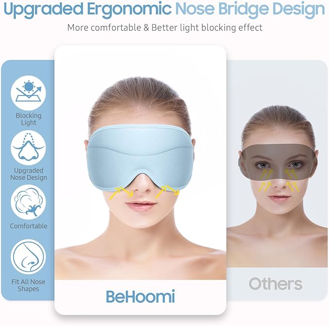 BeHoomi Sleep Mask, Premium Eye Mask for Sleeping, Total Blackout, Superior Soft Comfort, Upgraded 3D Ergonomic Designed Sleeping Mask for Home, Office, Travel, Meditation, Sky Blue