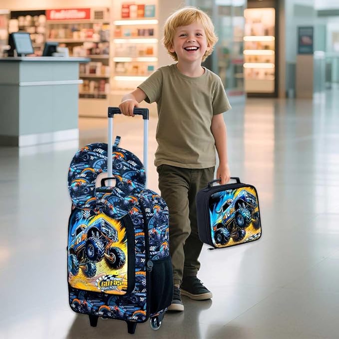 5Pcs Kids Luggage Set, 18" Boys Travel Suitcases with Wheels, Car Carry on Rolling Luggage Airline Approved (Black)