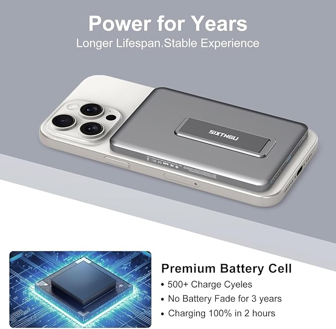 SIXTHGU Magnetic Slim Portable Charger with Stand, 5000mAh Wireless Power Bank[Alloy-Made], PD 20W Fast Charging Compatible with iPhone 16/15/15 Pro/15 Pro Max,for iPhone 14/13/12 Series