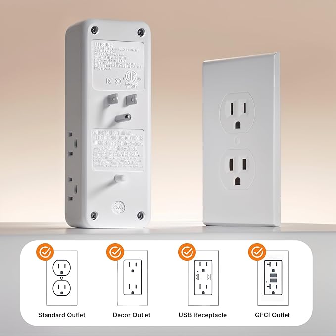 Multi Plug Outlet Extender, 4USB Wall Charger, Wall Plug Splitter with 6 Outlets 450J Electrical Power Expander with Surge Protector,Spaced for Travel,Home, Office, White 2Pack