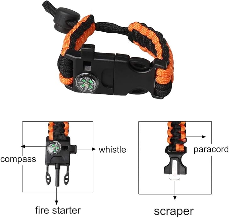 ZHIYE Survival Paracord Bracelet Flint Fire Starter Scraper Compass Wilderness Survival Whistle Adjustable Wristband 2Pack Black&Armygreen