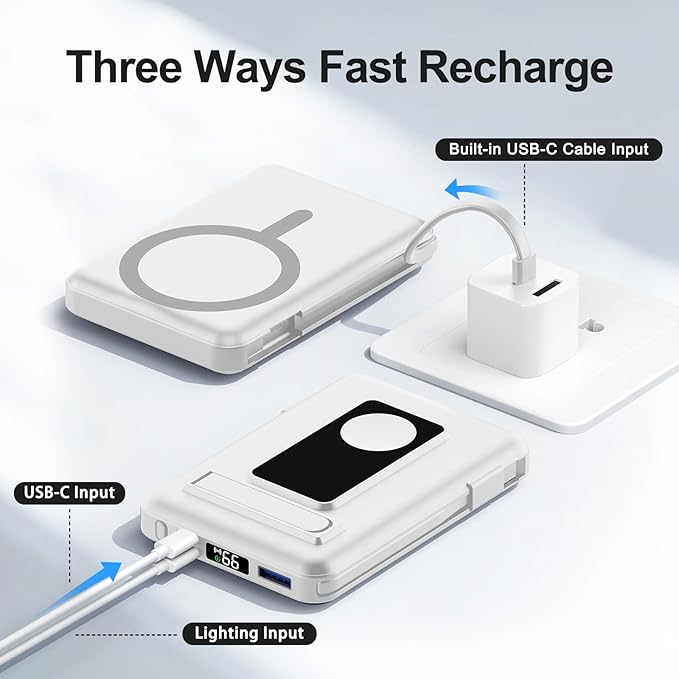 Magnetic Portable Charger, 10000mAh Wireless Power Bank for iPhone with Built-in Cables, 20W Fast Charging for Magsafe Battery Pack with Stand for iPhone Air/17/16/15/14/13/12 and Apple Watch