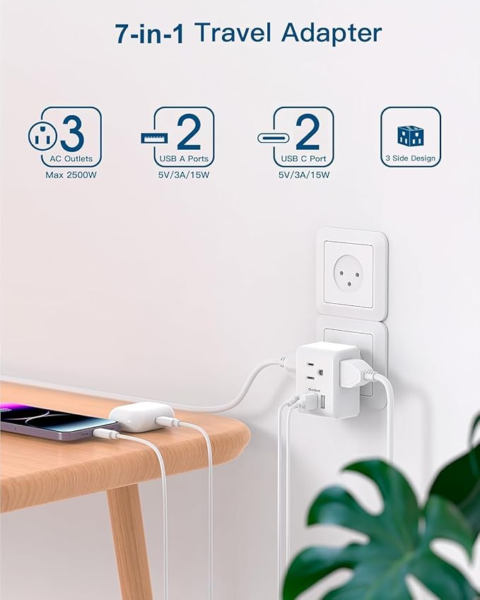 2 Pack Israel Power Adapter, One Beat Israel Travel Plug Adapter with 3 American Outlets 4 USB Ports(2 USB C), 7 in 1 Type H Travel Adapter Plug Converter for US to Israel, Jerusalem, Palestine