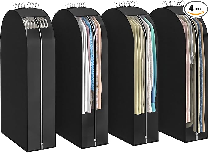 Black Garment Bags for Hanging Clothes 4 Packs, 10“ Gusseted and 43" Clothes Protectors for Hanging Clothes for Closet, Shirts, Coats, Dresses