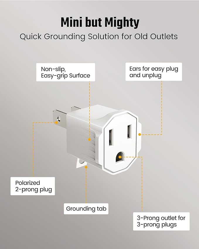 3 Prong to 2 Prong Adapter, ETL Listed Polarized Grounding Converter, Portable Plug Adapter, 3 Pin to 2 Pin Power Adapter for Wall Outlets Plugs, Heavy Duty Wall Plug for Old Homes White (4 Pack)