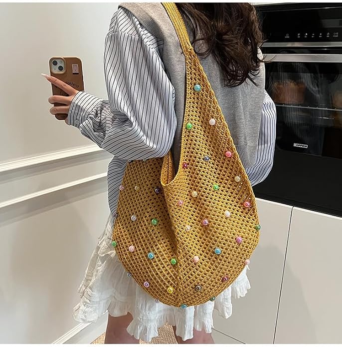 Boho Crochet Beach Tote Shoulder Bag with Colored Beads | Colorful Aesthetic Hippie Knit Bag for Women