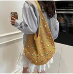 Boho Crochet Beach Tote Shoulder Bag with Colored Beads | Colorful Aesthetic Hippie Knit Bag for Women
