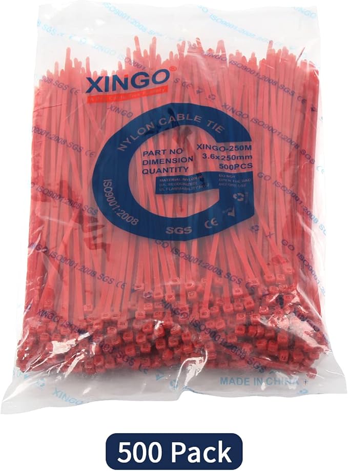 XINGO 10 Inch Cable Zip Ties (500 Pack), 40 Lbs Tensile Strength-Heavy Duty, Self-Locking Nylon Plastic Nylon Wire Ties for indoor and outdoor use(Red)