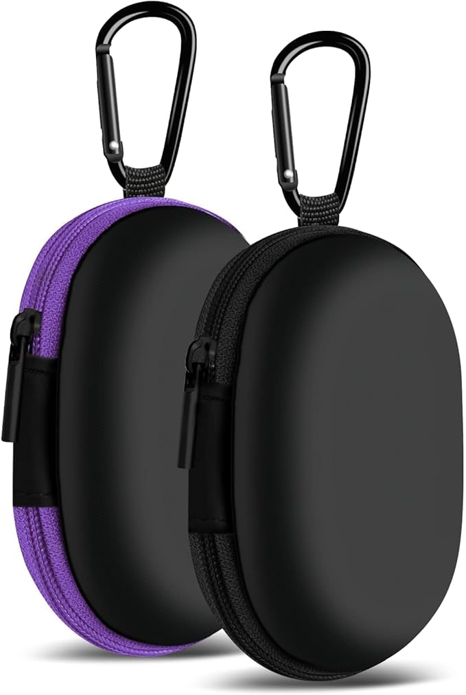 2Pack Oval Earbud Case Portable EVA Carrying Case Storage Bag Cell Phone Accessories Organizer with Carabiner for Earphone, Earbud, Earpieces, SD Memory Card, Camera Chips, Black/Purple