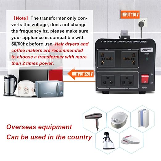Yinleader 1500W 110V to 220V or 220V/230V/240V to 110V/120V Power Converter Step Up/Down Voltage Transformer Converter for Use 220V Overseas Appliances