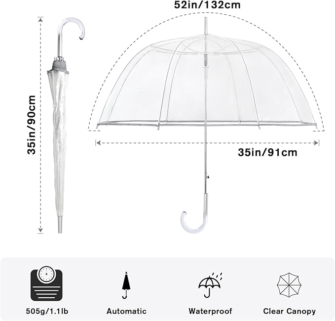 G4Free 52 inch Clear Bubble Umbrella, Large Canopy Transparent Dome Coverage Stick Umbrella, J Hook Handle European Style for Weddings,Prom,Graduation and Outdoor Events