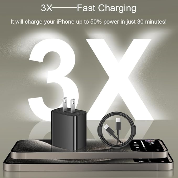 iPhone 17 16 15 Charger Fast Charging 3+3Pack 20W USB C Wall Charger with 10FT Fast Charging Cable Compatible with iPhone 17/17 Air/17 Pro/17 Pro Max/iPhone 16/15 Series, iPad Pro/AirPods -Black