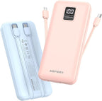 AsperX 2-Pack 10000mAh Portable Charger with Built-in Cables, USB C Travel Essential Battery Pack with 4 Outputs 2 Inputs,LED Display Power Bank with Cord Wires for iPhone Samsung Google Pixel iPad