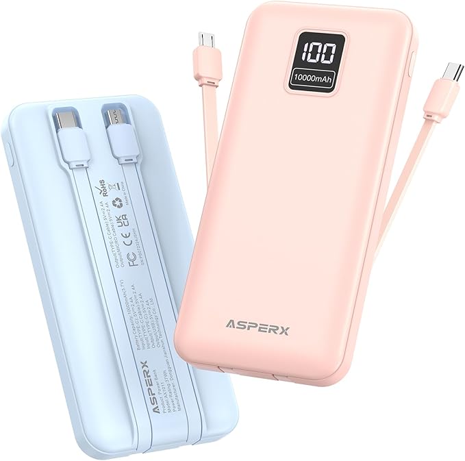 AsperX 2-Pack 10000mAh Portable Charger with Built-in Cables, USB C Travel Essential Battery Pack with 4 Outputs 2 Inputs,LED Display Power Bank with Cord Wires for iPhone Samsung Google Pixel iPad