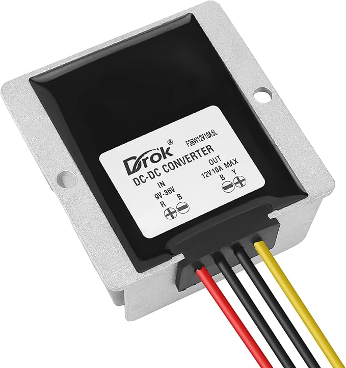 DROK Boost Buck Converter 9V-36V to 12V 10A 120W Aluminium Shell Waterproof Auto Step Up Down Voltage Regulator 12V Volt Transformer for Car Audio Solar Power System LCD Television LED Display Screen