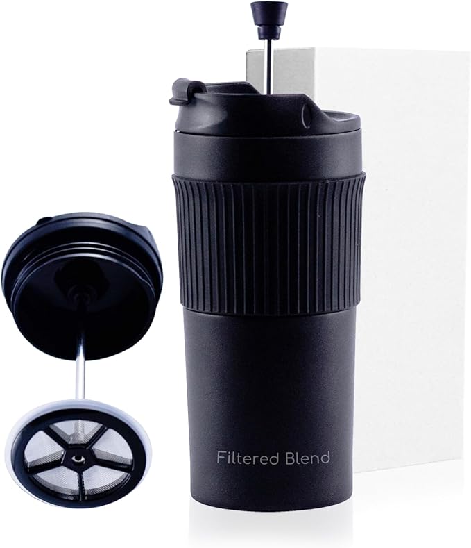 15oz Double Wall Stainless Steel Insulated French Press Coffee and Tea Maker - Portable Camping Mug and Tumbler - Heat Retaining, Leak-Proof, Travel-Friendly for Office and Outdoor Adventures (Black)