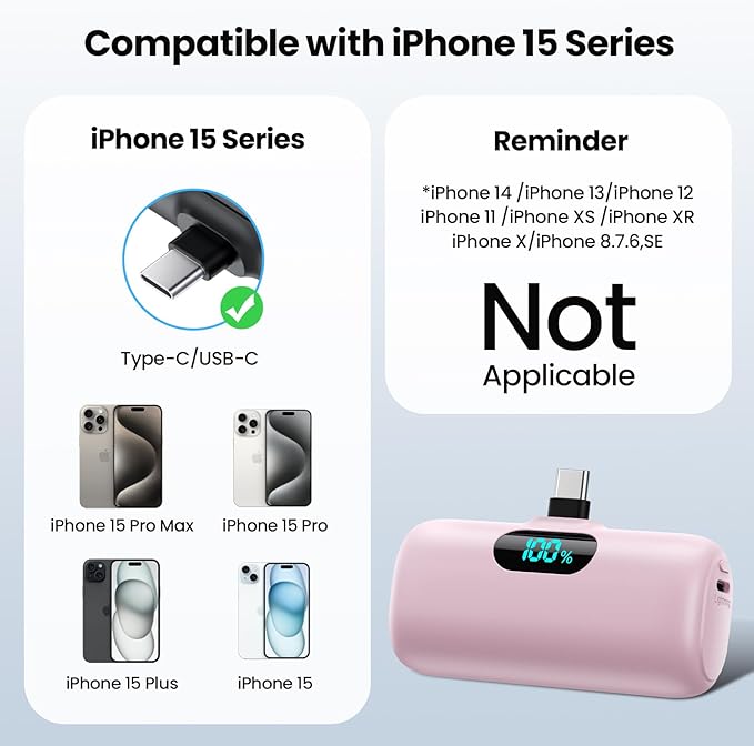 Mini Portable Charger USB C Power Bank,Upgraded 5000mAh PD Fast Charging Battery Pack Built-in USB-C Connector Travel Essential for iPhone17/17Pro/17Pro Max/Air/16 Plus/16Pro Max/15 Series,Android etc