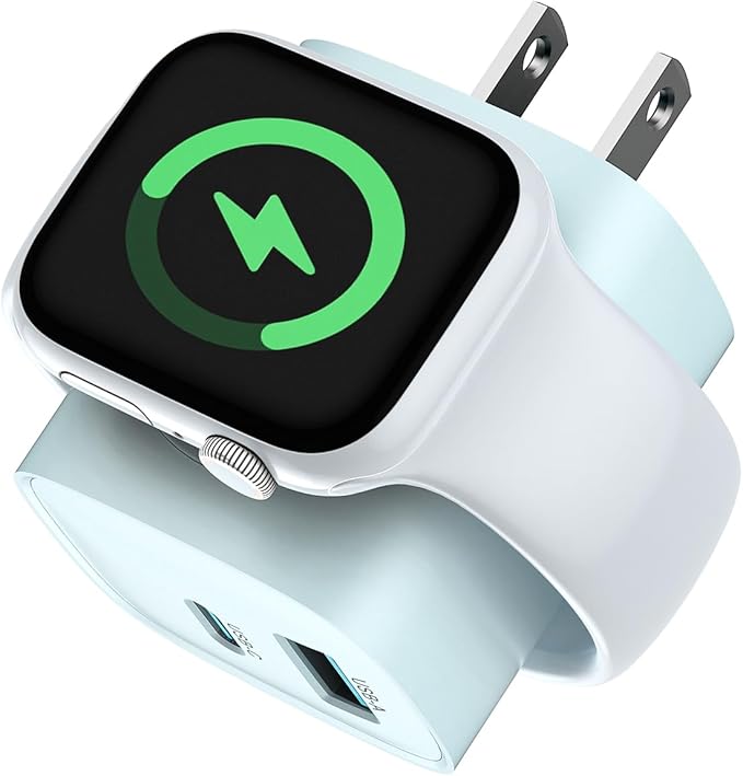 Charging Blocks for Apple Watch, 3-in-1 PD 20W USB C Charger Block with Built-in Wireless Watch Charging, Dual Ports Wall Charger Compatible with iPhone,iWatch,Blue