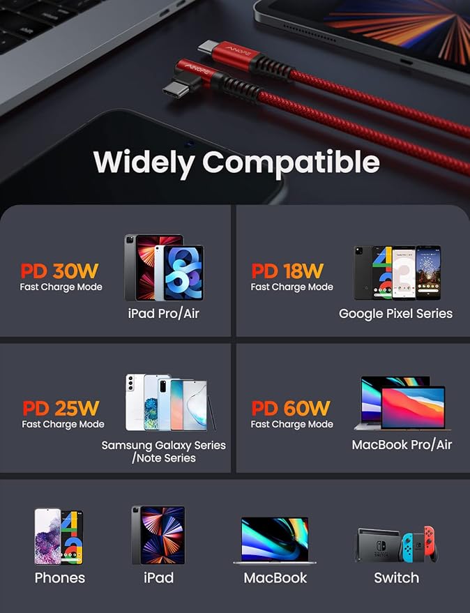 AINOPE Short USB C to USB C Cable 1.5FT 1 Pack 60W Fast Charging Nylon Braided Type C Cable for iPhone 17 Pro Max Plus Samsung Power Bank Travel Essentials Red