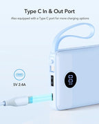 VRURC Portable Charger for iPhone, Built in Cables & Lanyard Power Bank 10000mAh, Compact USB C Charging Bank 5 Outputs for Multi Devices,Travel Essential for Hiking Camping Business Cruise Ship-Blue