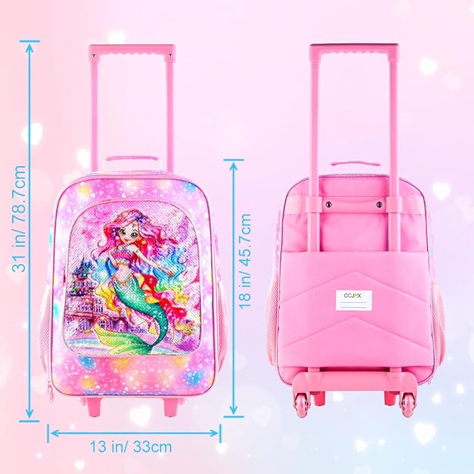 HPJGD Girls Suitcase, Kids Sequins Rolling Luggage, Cute Mermaid Travel Carry on for Elementary Preschool Toddler