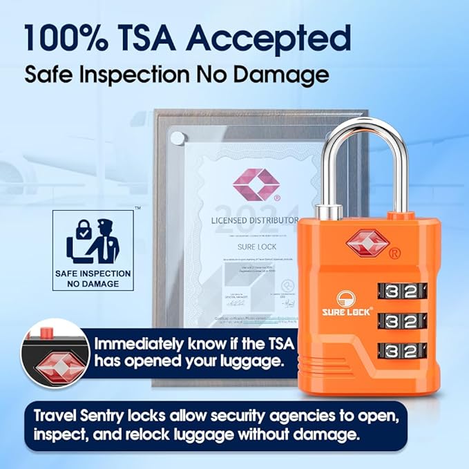 SURE LOCK TSA Approved Luggage Lock – 3-Digit Resettable Combination Padlock with Open Alert Red Dot, Large Easy-Read Dials for Suitcases, Backpacks, Gym & School Lockers (Orange 2 pk)