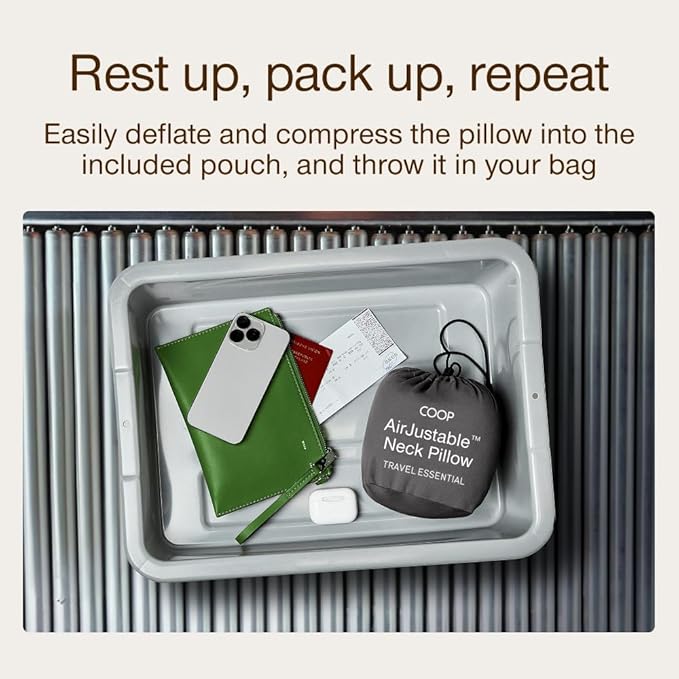 Coop Home Goods AirJustable Travel Neck Pillow, Inflatable, Adjustable Support for Neck & Chin, Compact, Soft Memory Foam Comfort, Airplane Travel Essentials, Cooling & Washable Cover