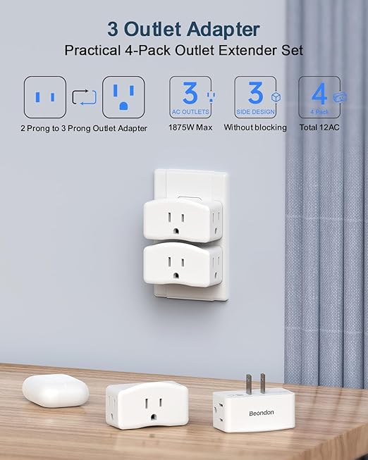 4-Pack 2 Prong to 3 Prong Outlet Expander，BEONDON Outlet Adapter with 3 AC Outlets - Polarized 3-Sided Wall Plug for Old Homes, Kitchen, Office, Travel, Cruise Essentials, White
