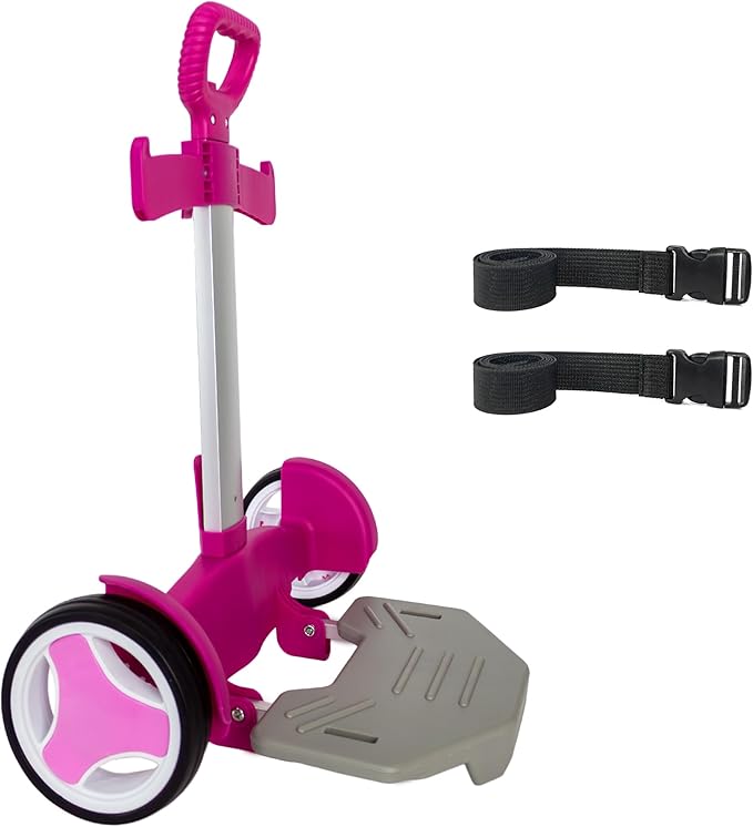 Rolling Backpack Cart, Foldable Aluminum Trolley with 3-Height Adjustable Handle, Lightweight All-Terrain Backpack Carrier for Travel, Commuting & Daily Use – Rose Pink, Quiet Large Wheels