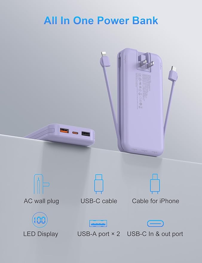 Portable Charger with Wall Plug, 10000mAh USB C Power Bank Fast Charging, External Battery Pack with Built in Cables, Digital Display, 5 Output 4 Input for iPhone Android Cell Phone Tablet