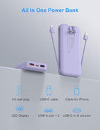 Portable Charger with Wall Plug, 10000mAh USB C Power Bank Fast Charging, External Battery Pack with Built in Cables, Digital Display, 5 Output 4 Input for iPhone Android Cell Phone Tablet