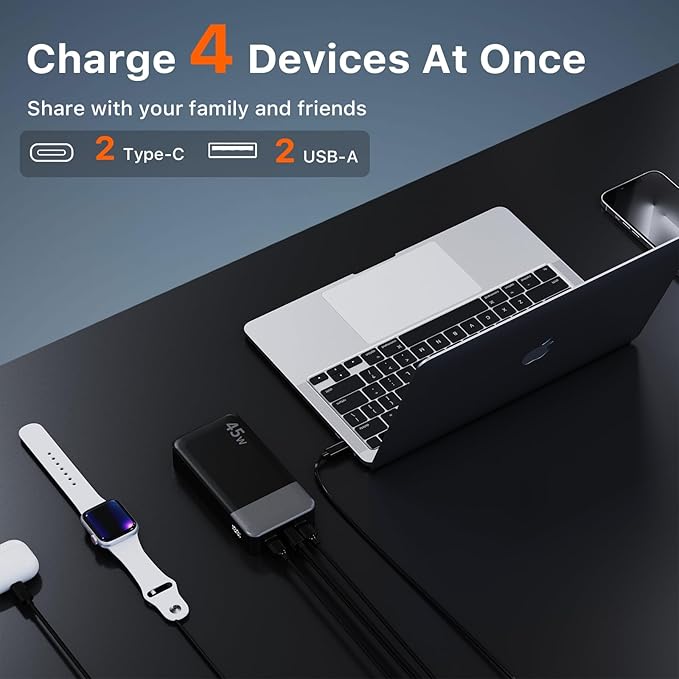 JUOVI J2621 Power Bank Portable Charger 20000mAh 45W, PD3.0 QC 4.0 Fast Charging Battery Pack with LED Display,2 USB-C,2 USB-A for iPhone 15 16, MacBook