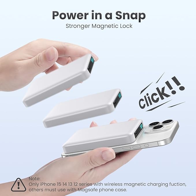 Magnetic Portable Charger 10800mah for Magsafe Battery Pack, Wireless Power Bank with USB C in&out PD Fast Charging,Travel Essential Phone Battery Charger For iPhone 17/16/15/14/13/12 Series-White