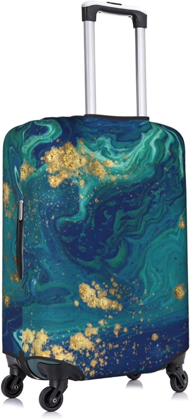 Travel Luggage Cover Protector, Gold Blue Abstract Marble Washable Elastic Baggage Cover Anti-scratch Double-sided with Zipper Closure for Wheeled Suitcase Fits 18-21 Inch Luggage