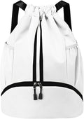 JELUTAR Drawstring Backpack Gym Bag with Shoes Compartment for Soccer, Basketball, Swim, Water-Resistant String Backpack Beach Cinch for Women Men, White