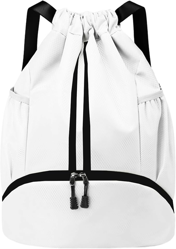 JELUTAR Drawstring Backpack Gym Bag with Shoes Compartment for Soccer, Basketball, Swim, Water-Resistant String Backpack Beach Cinch for Women Men, White