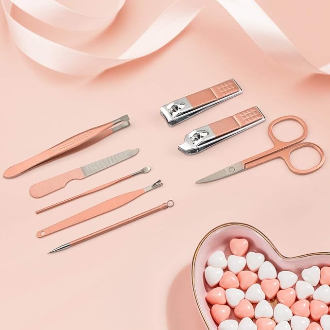 Manicure Set, 8 In 1 Stainless Steel Professional Pedicure Kit Nail Scissors Grooming Kit with Pink Leather Travel Case Pink
